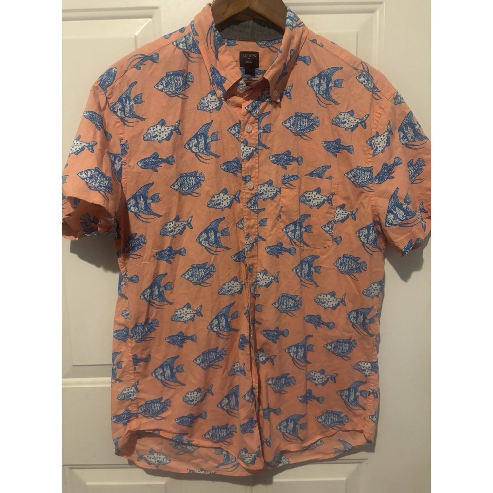 J.Crew Fish Short Sleeve Button‎ Shirt Mens Cotton Coral Orange Tropical Size Lg